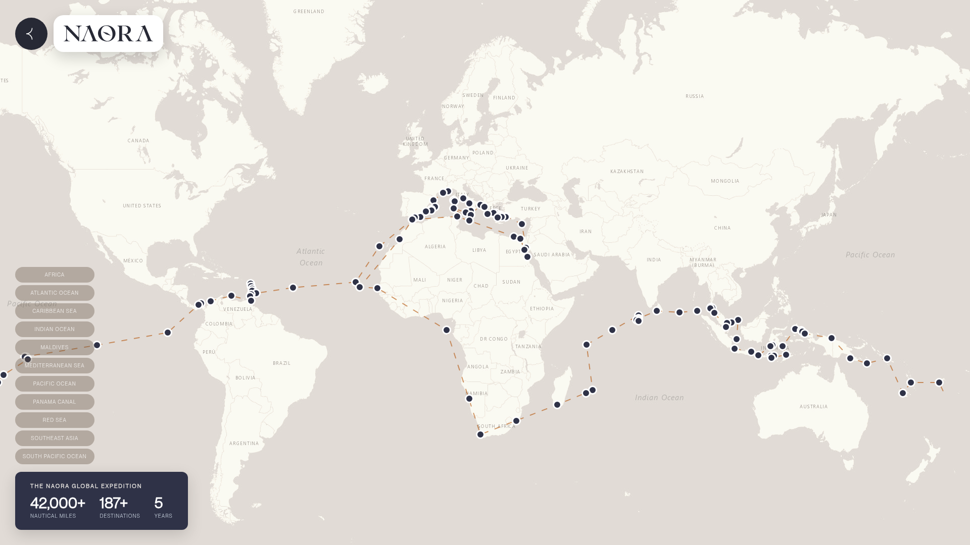 Map of the NAORA five-year global expedition route with anchorages across the Mediterranean, Atlantic, Caribbean, Pacific, Indonesia, Indian Ocean and Red Sea